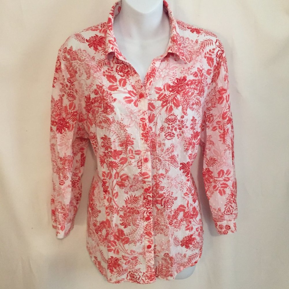 Coldwater Creek Shirt White Pink Floral Swiss Dot